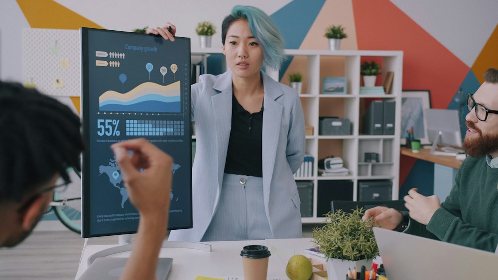 A team presenting live performance data on screen